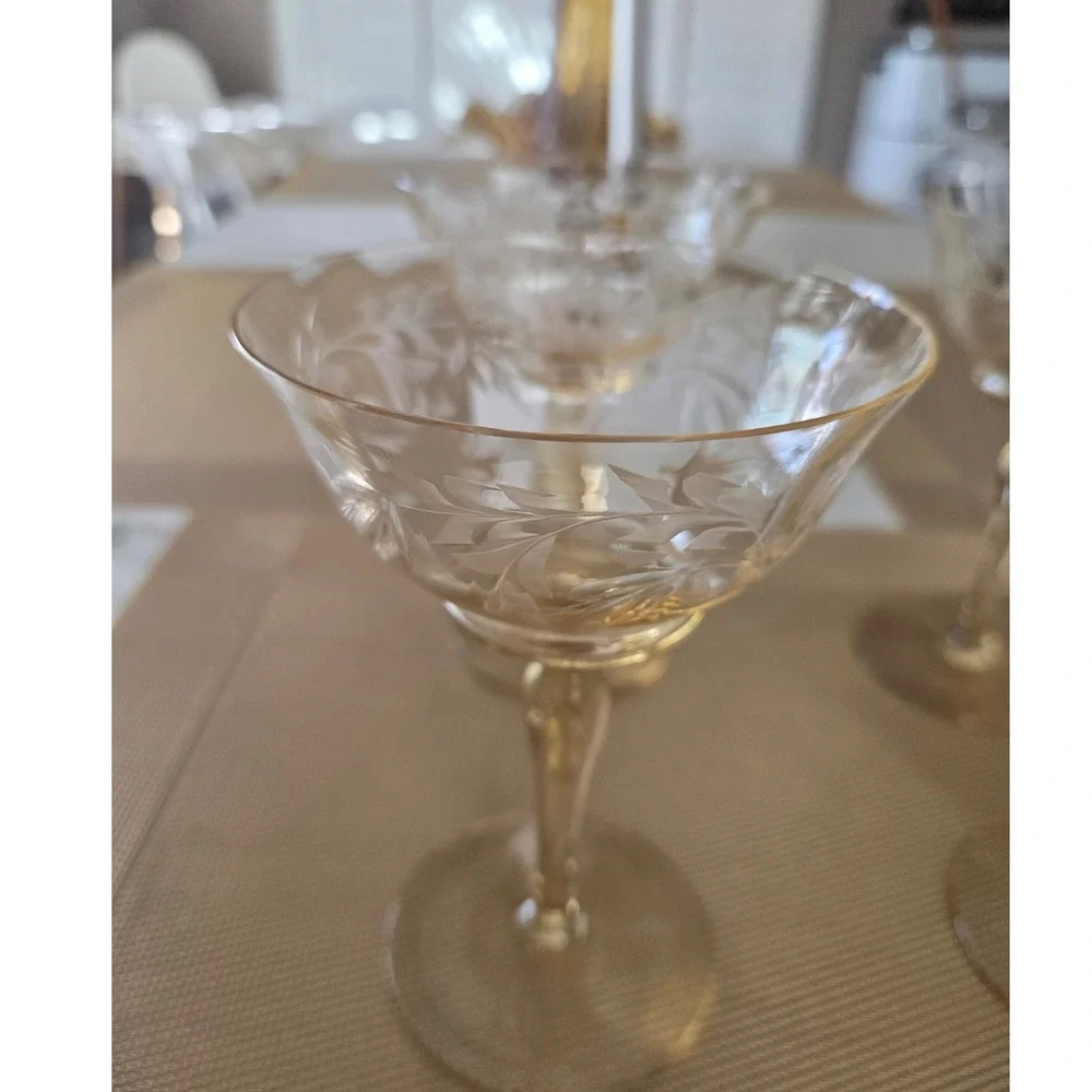 Set of 4 Art Deco Etched Crystal  Yellow Etched Champagne Glasses Waterfall Stem